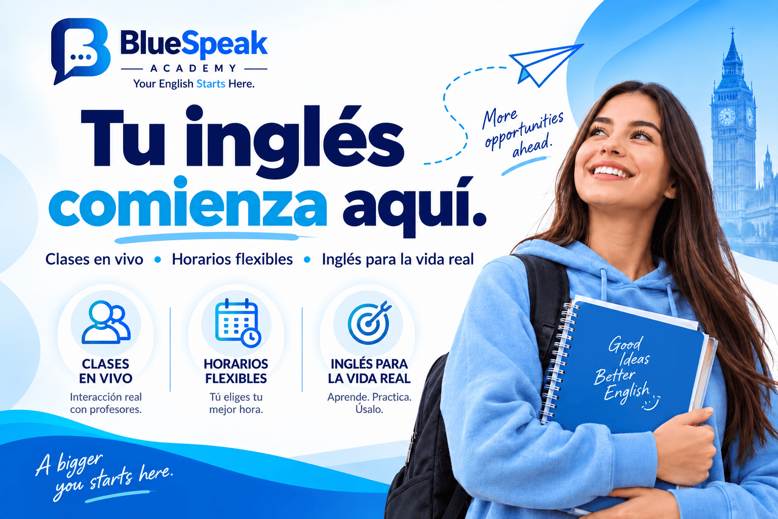 Tu inglés comienza aquí: estudiante sonriente con mochila y cuadernos — clases en vivo, horarios flexibles e inglés para la vida real con BlueSpeak Academy.